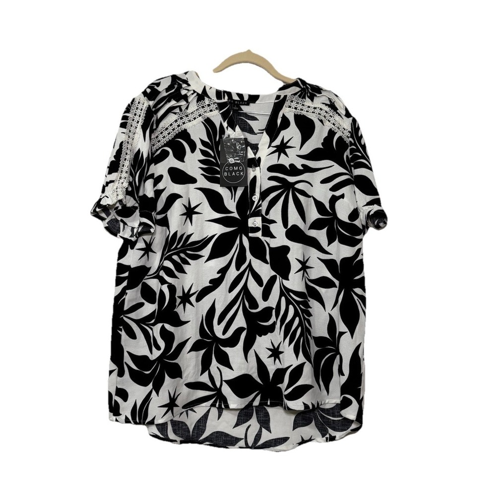 COMO BLACK Tropical Floral Blouse Large L NWT Boho Lace Crochet Short Sleeve
